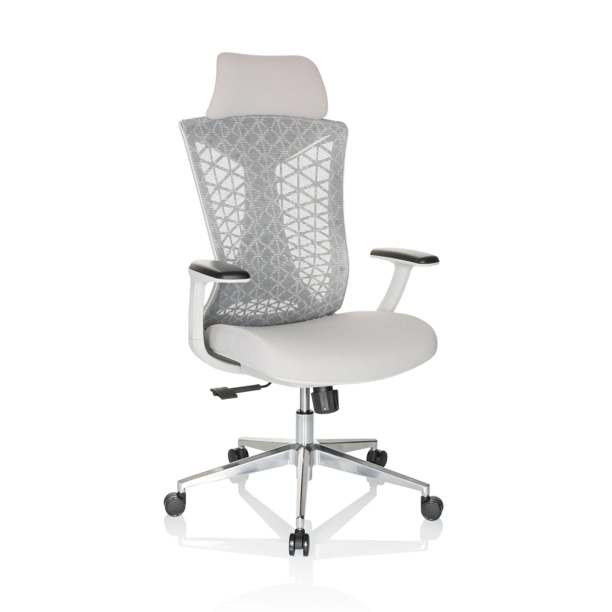 Grey Professional Office Chair FALEO W with mesh back and five-caster base by hjh OFFICE – 360-degree view (front three-quarter view 30°)