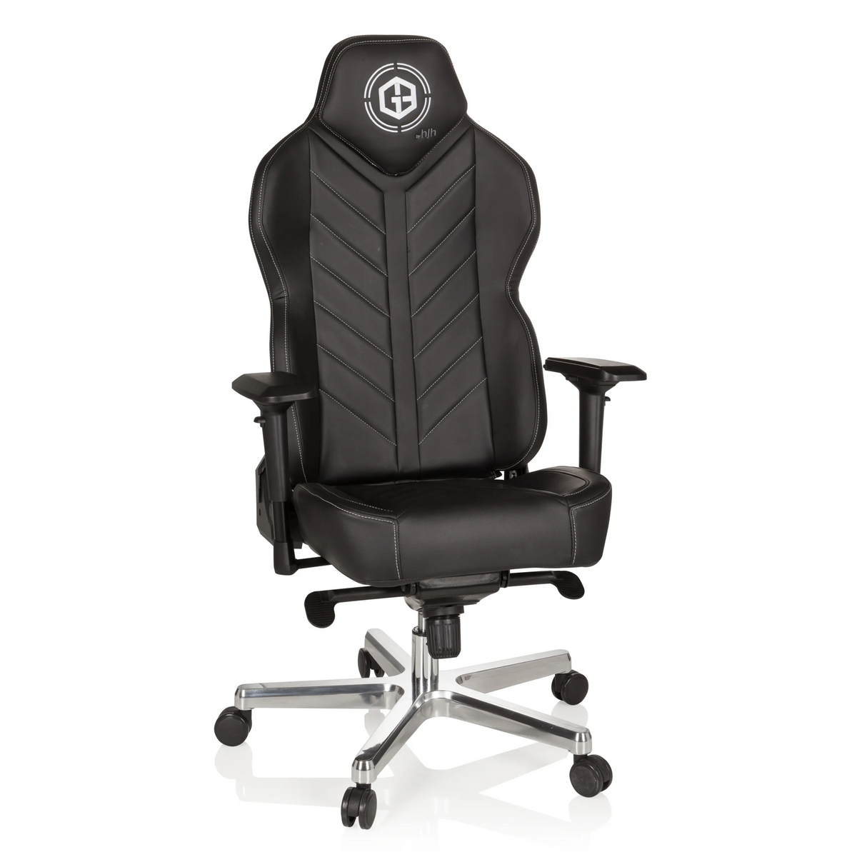 Black Gaming chair GAMEBREAKER COLOSSUS with armrests and a glossy five-caster base by hjh OFFICE – 360-degree view (front view 20°)
