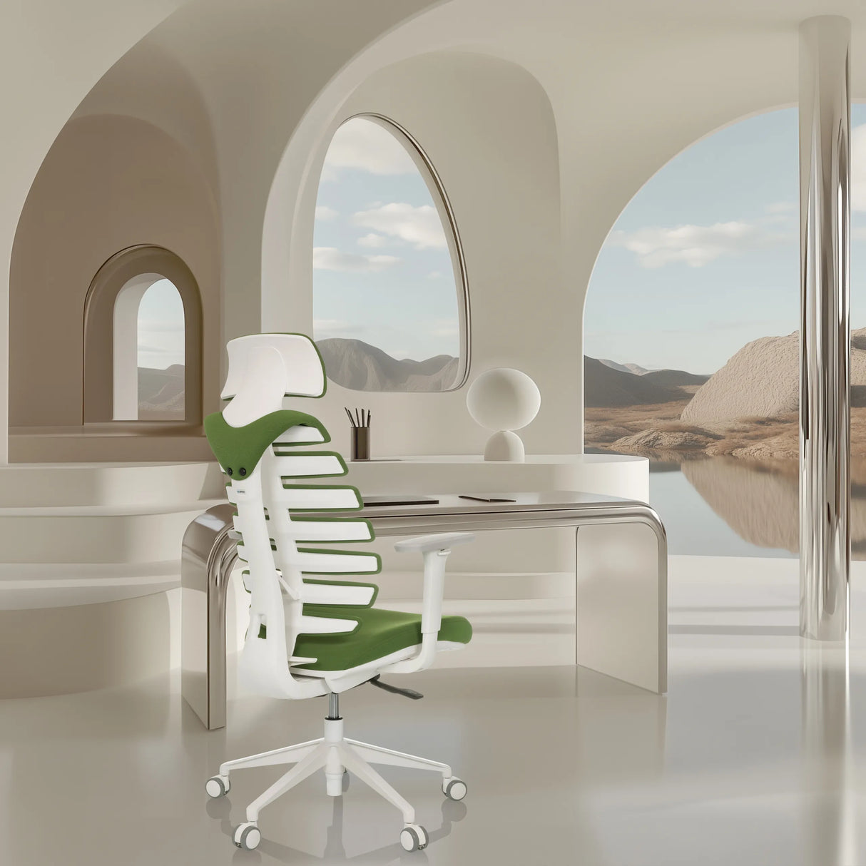 Professional Office Chair ERGO LINE W in Mystic Forest with a white frame by hjh OFFICE