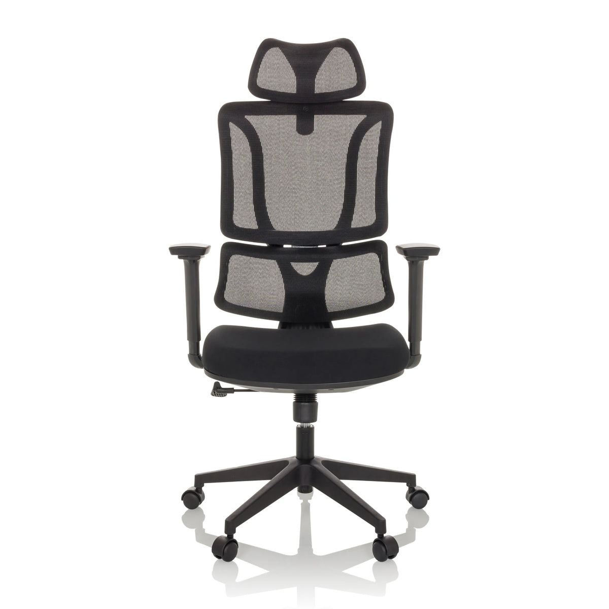 Black Home Office Chair ERGOMY with mesh back and five-caster base by MyBuero – 360-degree view (front view 0°)