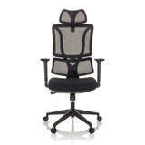 Black Home Office Chair ERGOMY with mesh back and five-caster base by MyBuero – 360-degree view (front view 0°)