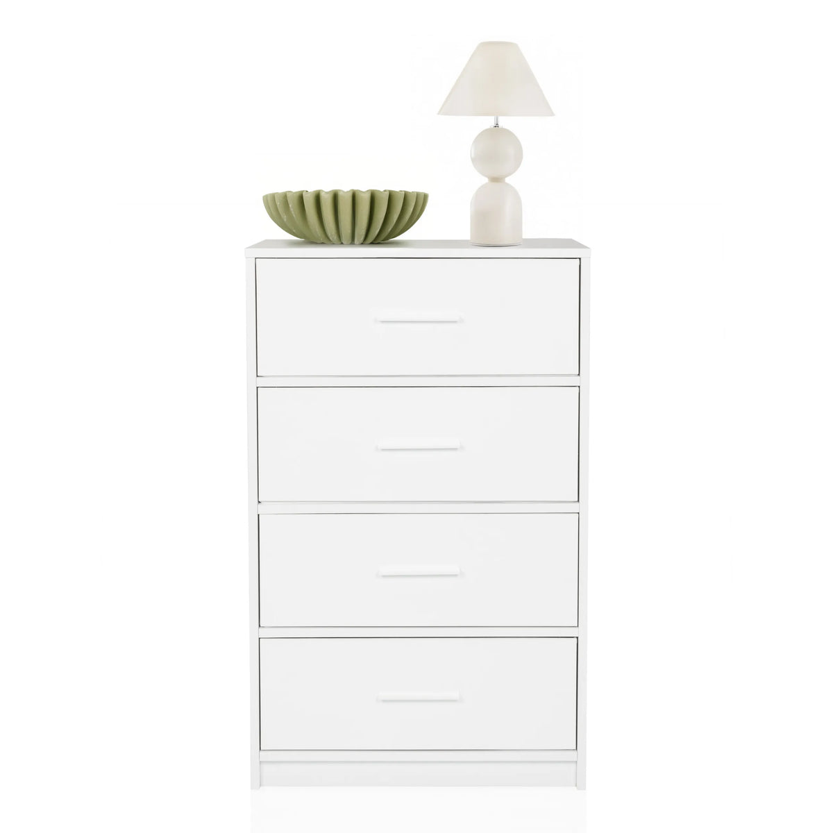 White ESTORIA chest of drawers with four drawers, decorated with a bowl and a table lamp by hjh LIVING