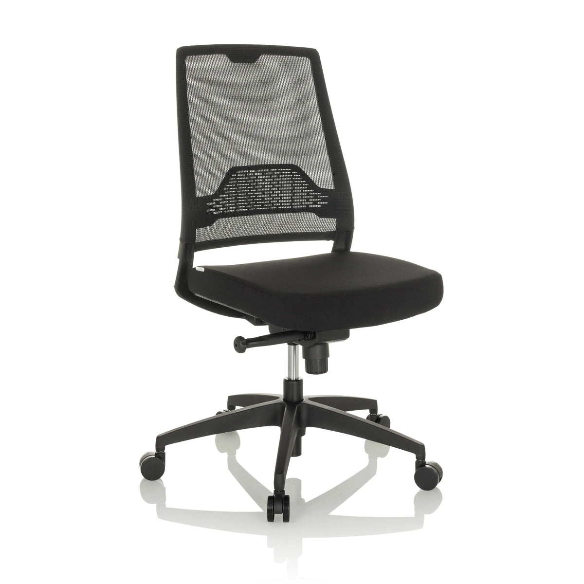 Black Professional Office Chair PORTO ECO I with mesh back and five-caster base by hjh OFFICE – 360-degree view (front three-quarter view 30°)