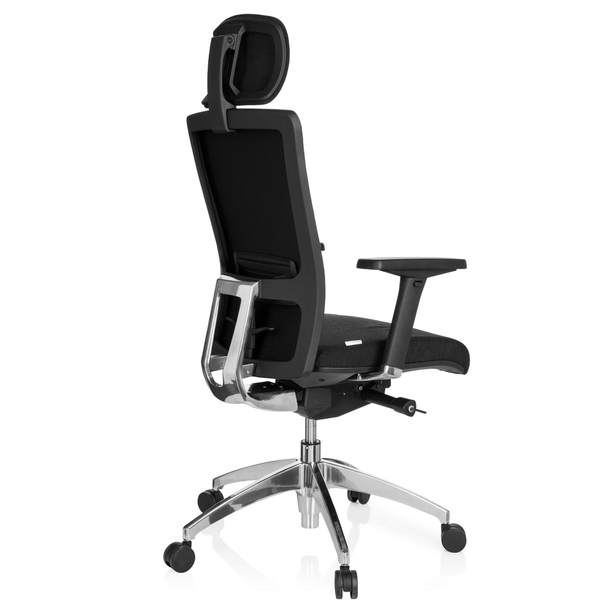Black Professional Office Chair ASTRA LUX with headrest, armrests and five-caster base by hjh OFFICE – 360-degree view (rear three-quarter view 120°)