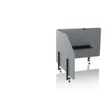 Grey Table partition FLEXMIUT T TOP with integrated shelf and mounting clamps by hjh OFFICE – 360-degree view (front three-quarter view 60°)