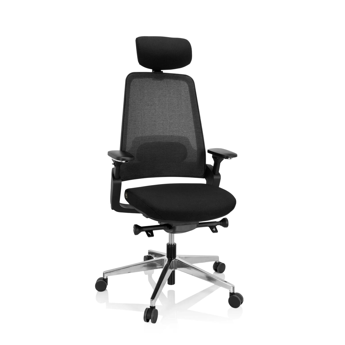 Black Professional Office Chair BRACIO with mesh back, headrest and five-caster base by hjh OFFICE – 360-degree view (front view 20°)