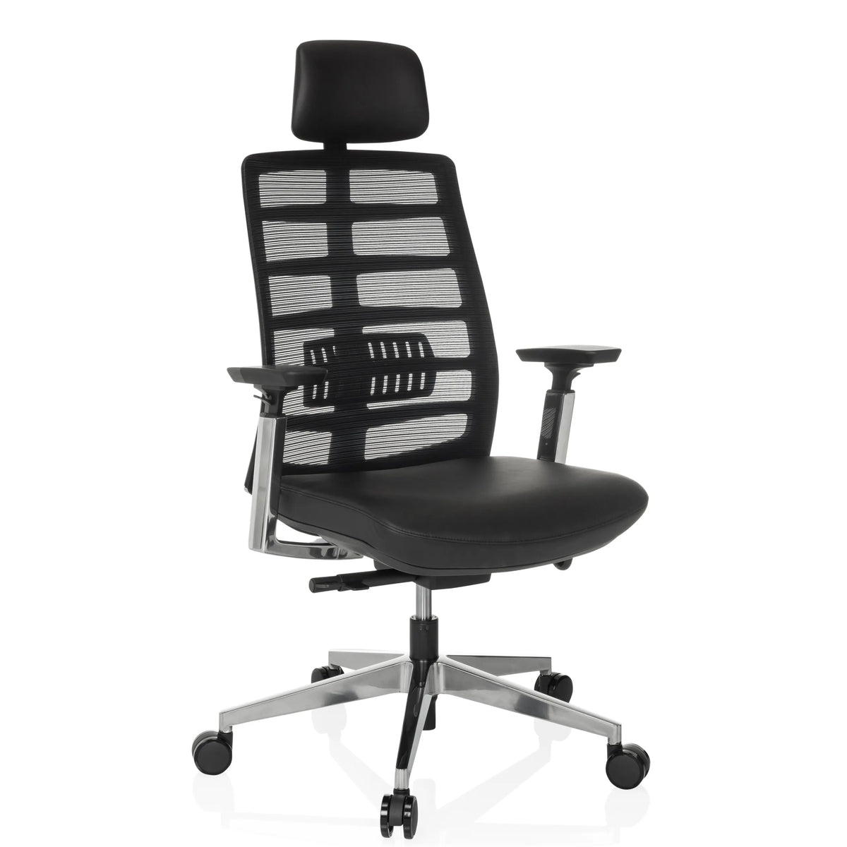 High-End-Bürostuhl SPINIO ELITE L mit schwarzem Netzbezug und Ledersitz von hjh OFFICE