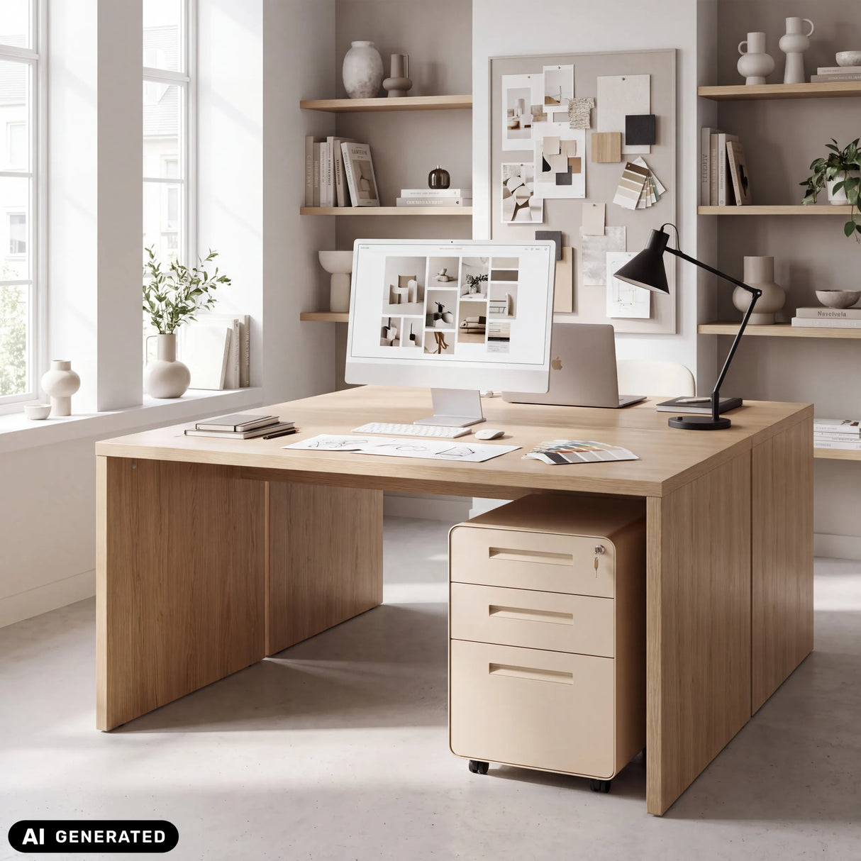 Beige metal COLOR PLUS I mobile drawer unit with three drawers under a desk by hjh OFFICE (AI-generated image)
