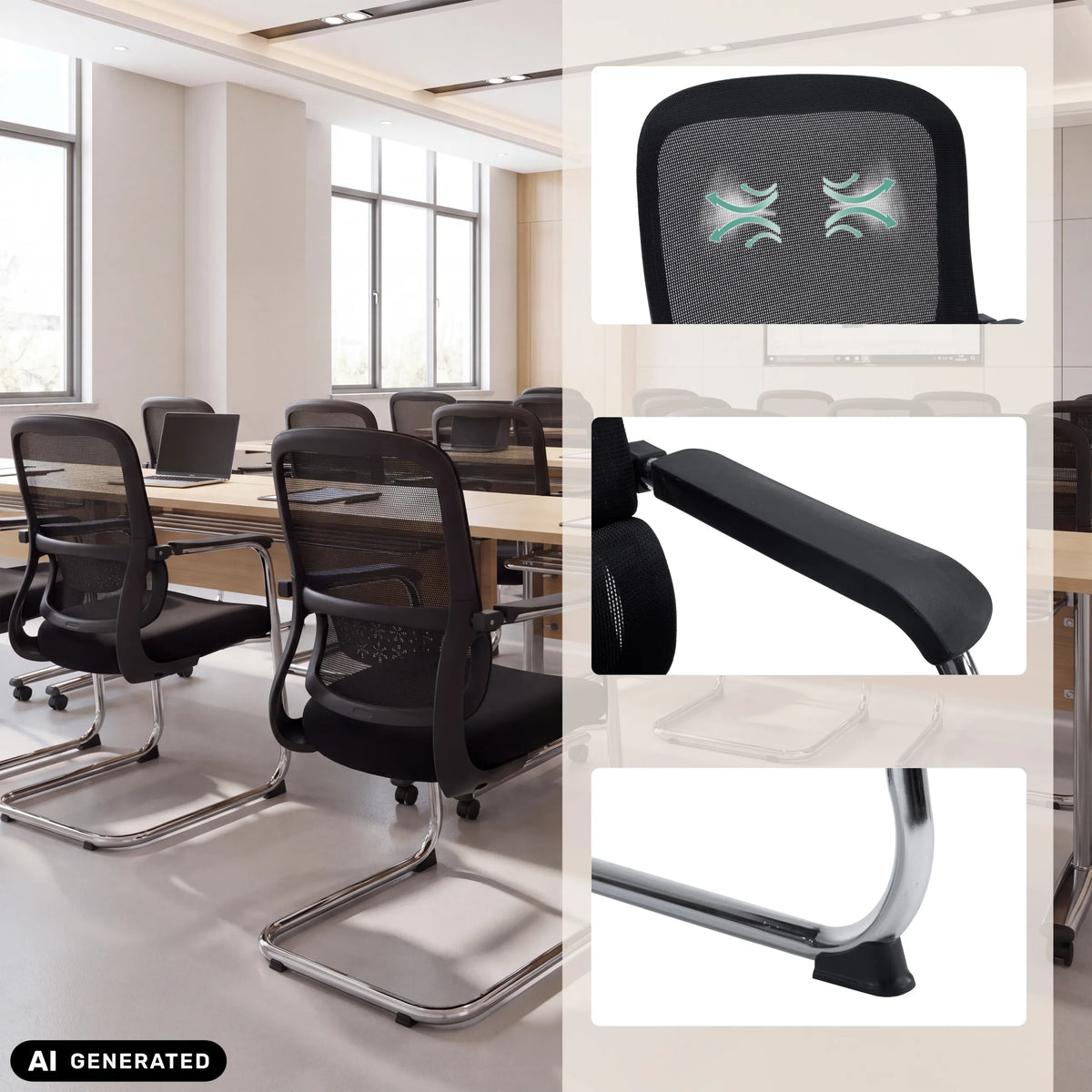 Black Ergomy Meet cantilever chair with mesh back, armrests and chrome frame by hjh OFFICE (AI-generated image)