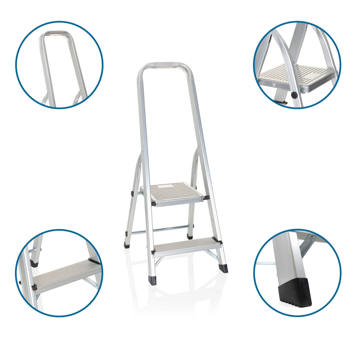 Two-step Folding Ladder SOLID I made of aluminium with safety rail and non-slip feet by hjh OFFICE