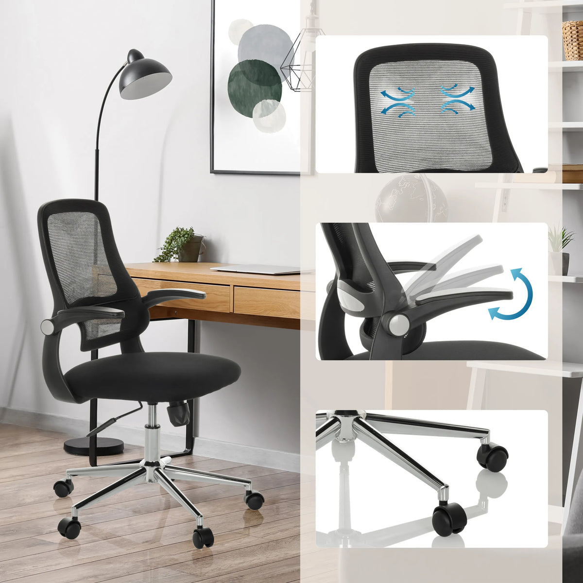Black Home Office Chair MIKO B ECO with mesh back, adjustable armrests and castors by hjh OFFICE