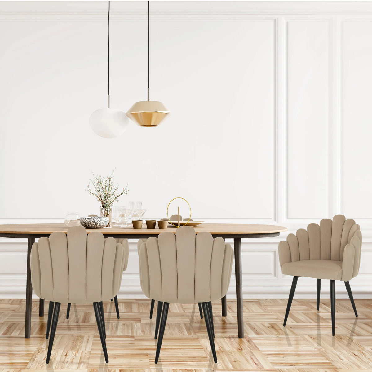 Beige SCALLORE dining chairs with shell-shaped backrests and black legs by hjh LIVING