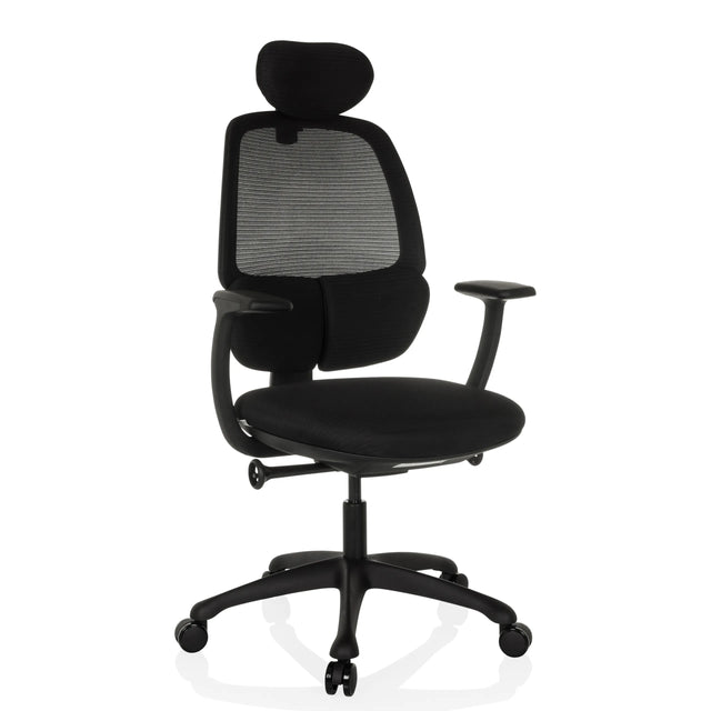 Profi-Bürostuhl RI-COVER in Schwarz mit Netzrückenlehne, Kopfstütze und Armlehnen von hjh OFFICE