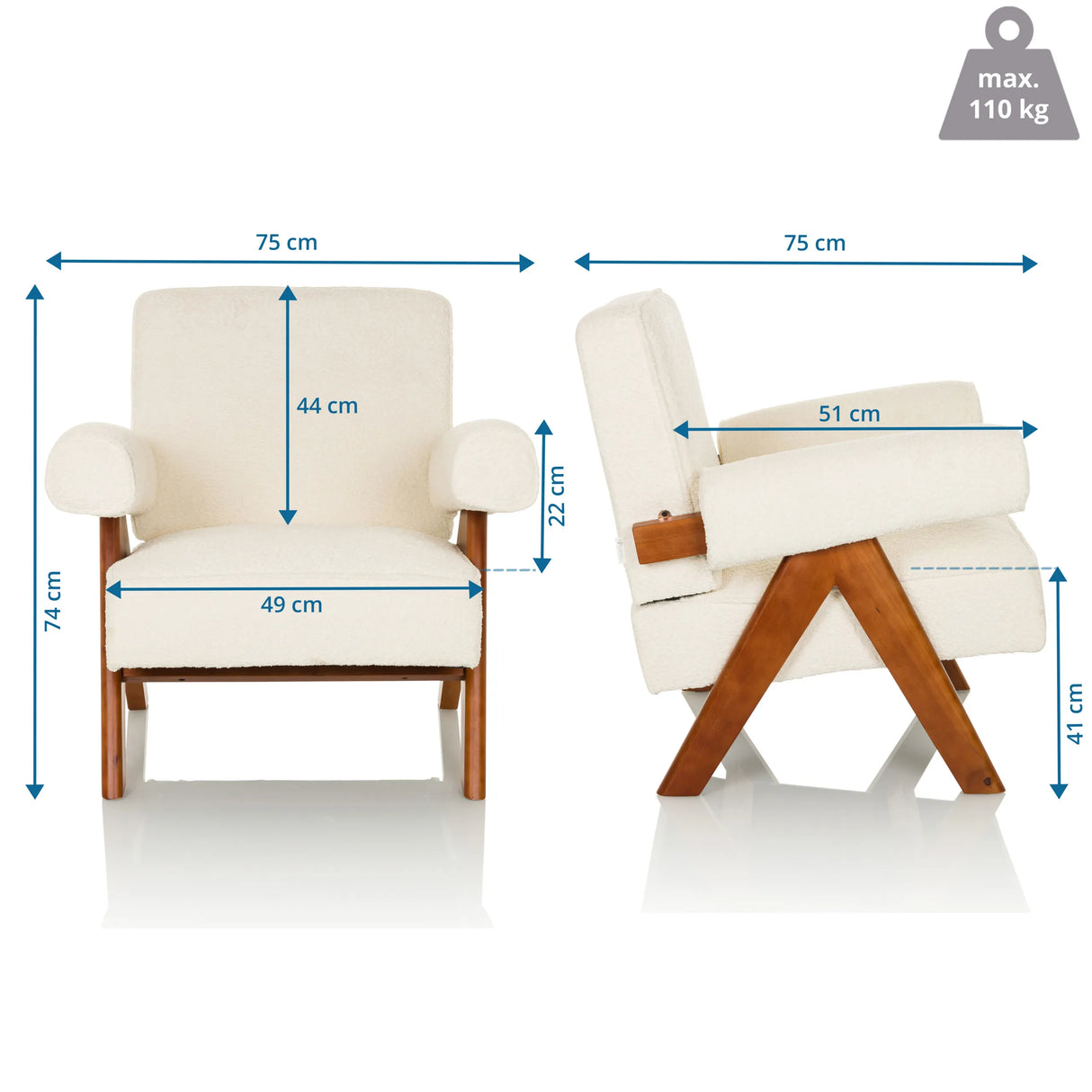 Dimensional drawing of the Lounge Chair POOLY with a width of 75 cm and a height of 74 cm by hjh LIVING