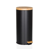 Wastepaper CLEAN BAMBOO in matte black with wooden lid and foot pedal by hjh OFFICE
