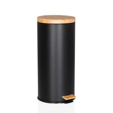 Wastepaper CLEAN BAMBOO in matte black with wooden lid and foot pedal by hjh OFFICE