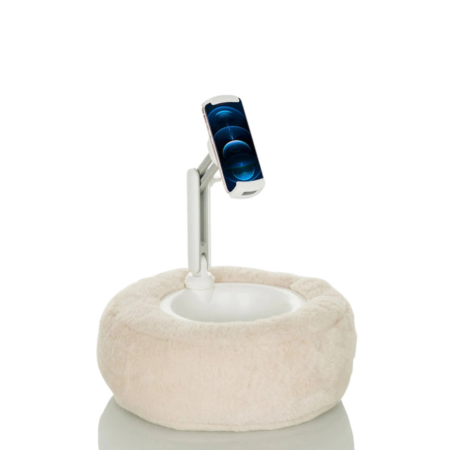 Beige Mobile phone & tablet holder COMFILAP II with plush underside and white articulated arm by hjh OFFICE
