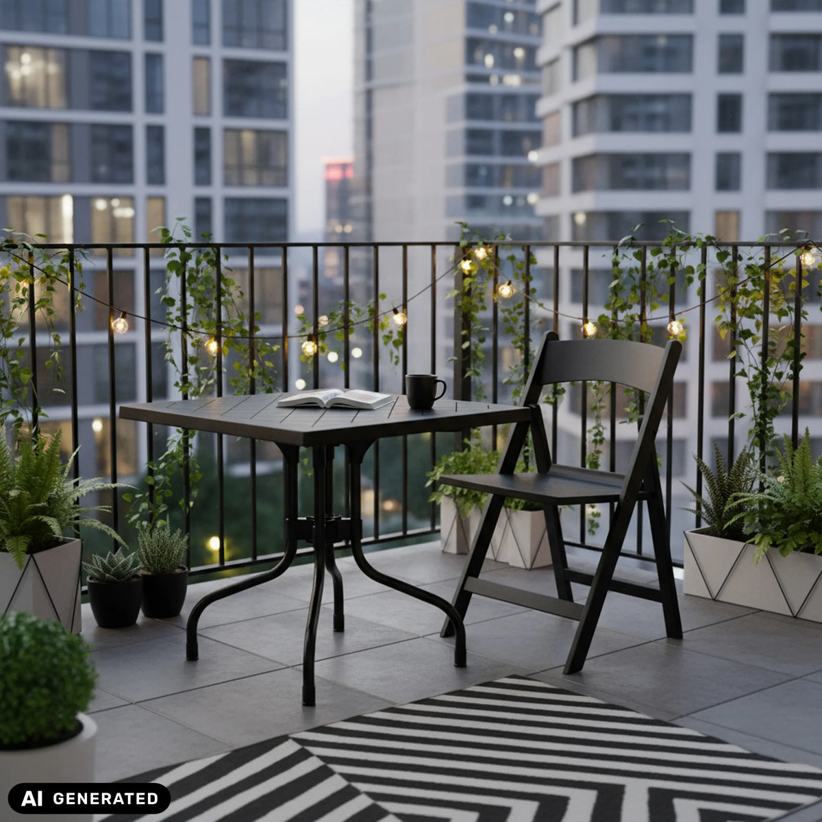 Black TRAVANO T1 folding table measuring 79 × 79 cm on a balcony by hjh LIVING (AI-generated image)