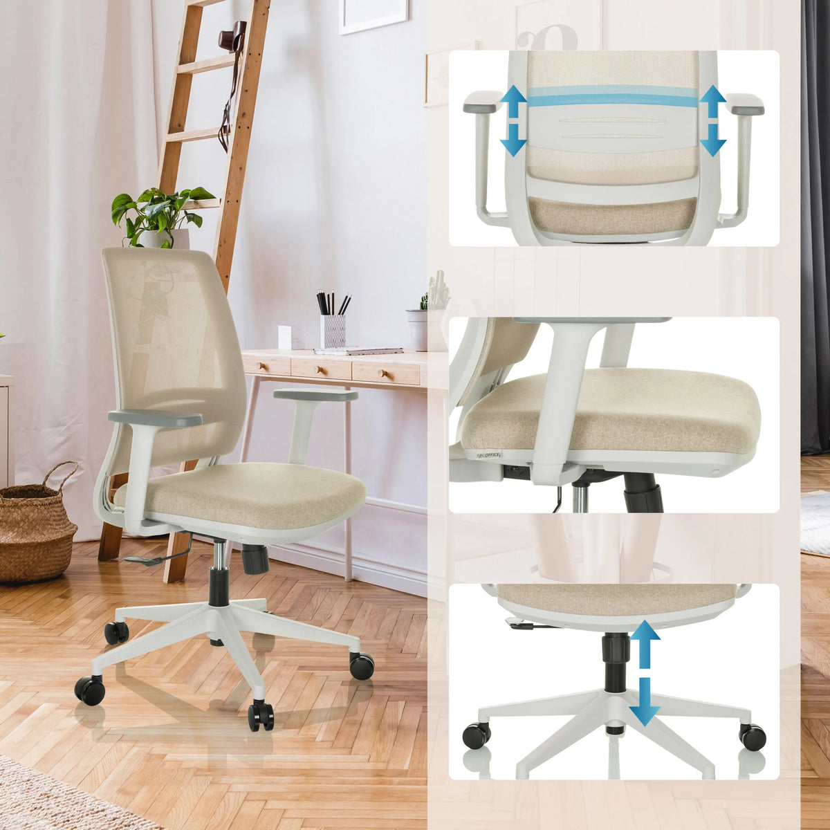 Height-adjustable backrest, seat and gas spring of the Home Office Chair PROFONDO ECO W by hjh OFFICE