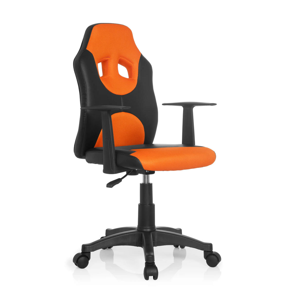 Black and orange Swivel Chair – Children KID GAME AL with mesh back and five-caster base by hjh OFFICE – 360-degree view (front three-quarter view 40°)