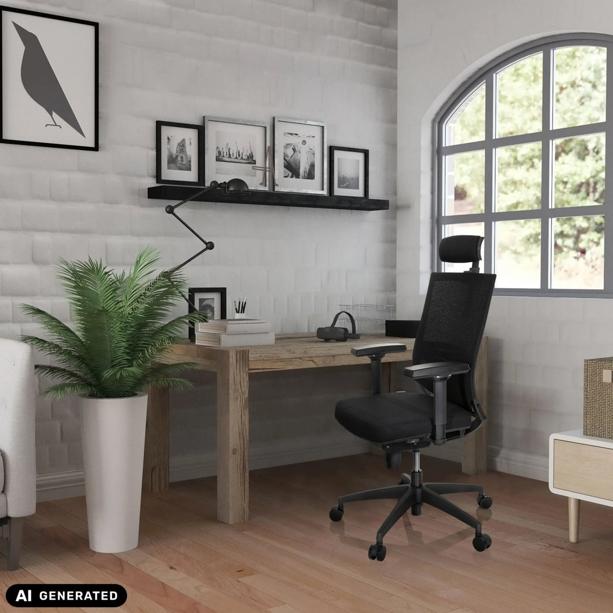 Black Professional Office Chair PORTO MAX HIGH I at a wooden desk in a home office by hjh OFFICE (AI-generated image)