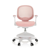 Pink children's chair KID ERGO with mesh back, armrests and white five-caster base by hjh OFFICE – 360-degree view (front view 0°)