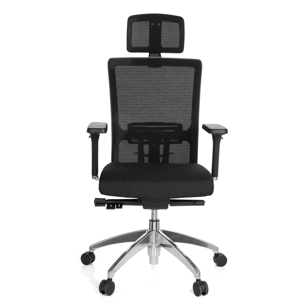 Black Professional Office Chair ASTRA LUX with mesh back, headrest and five-caster base by hjh OFFICE – 360-degree view (front view 0°)