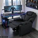 Black Game Sport RX lounge chair with extended footrest in front of a gaming desk by hjh OFFICE (AI-generated image)