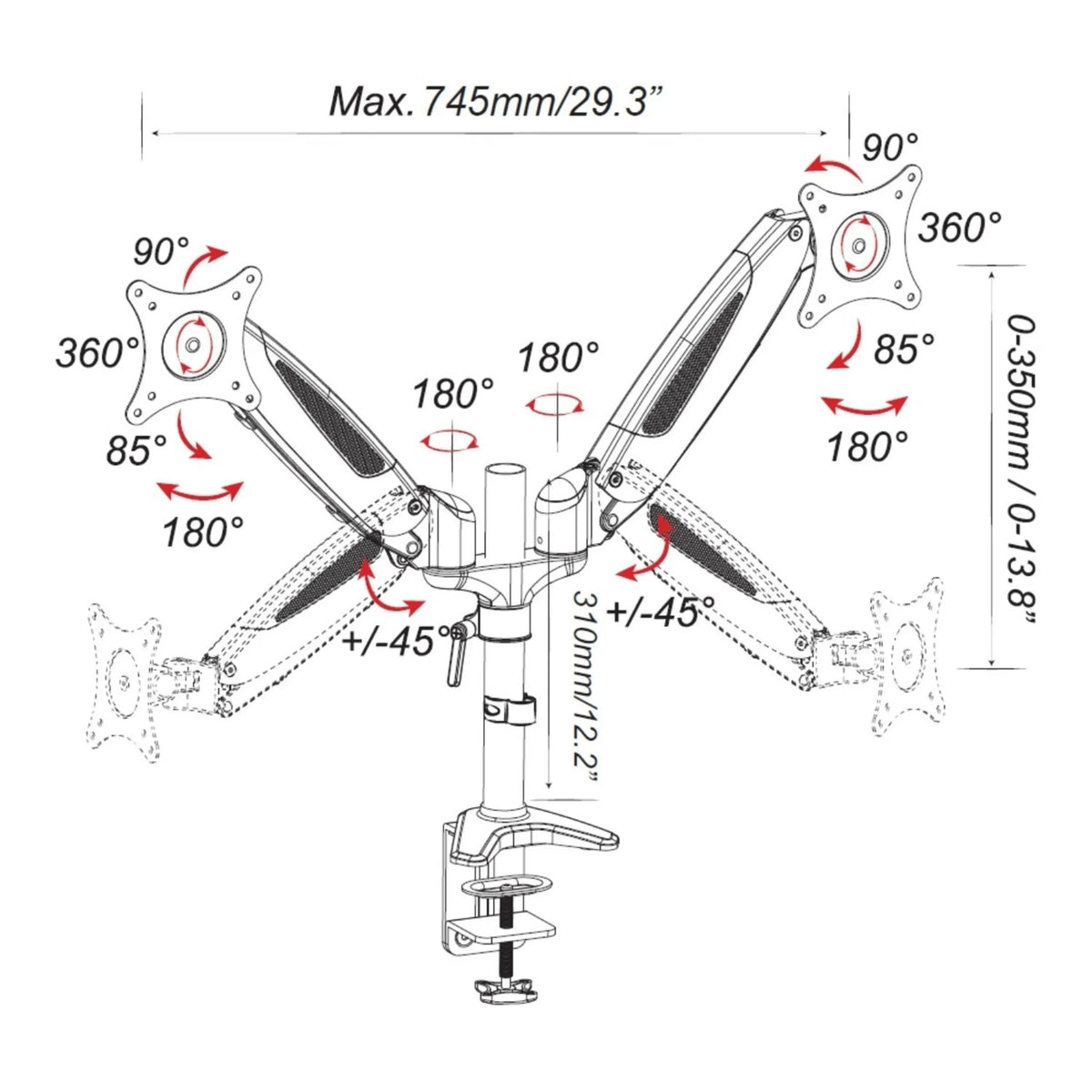 Technical drawing of the Monitor Mount VM-MG2S with a maximum width of 745 mm by hjh OFFICE