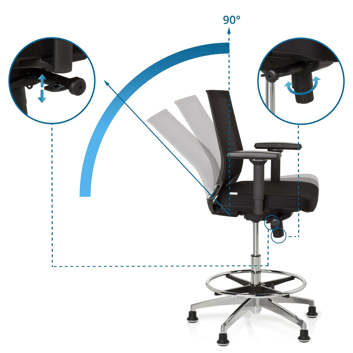 Adjustable backrest with 90 degree tilt of the Counter chair TOP WORK 77 by hjh OFFICE