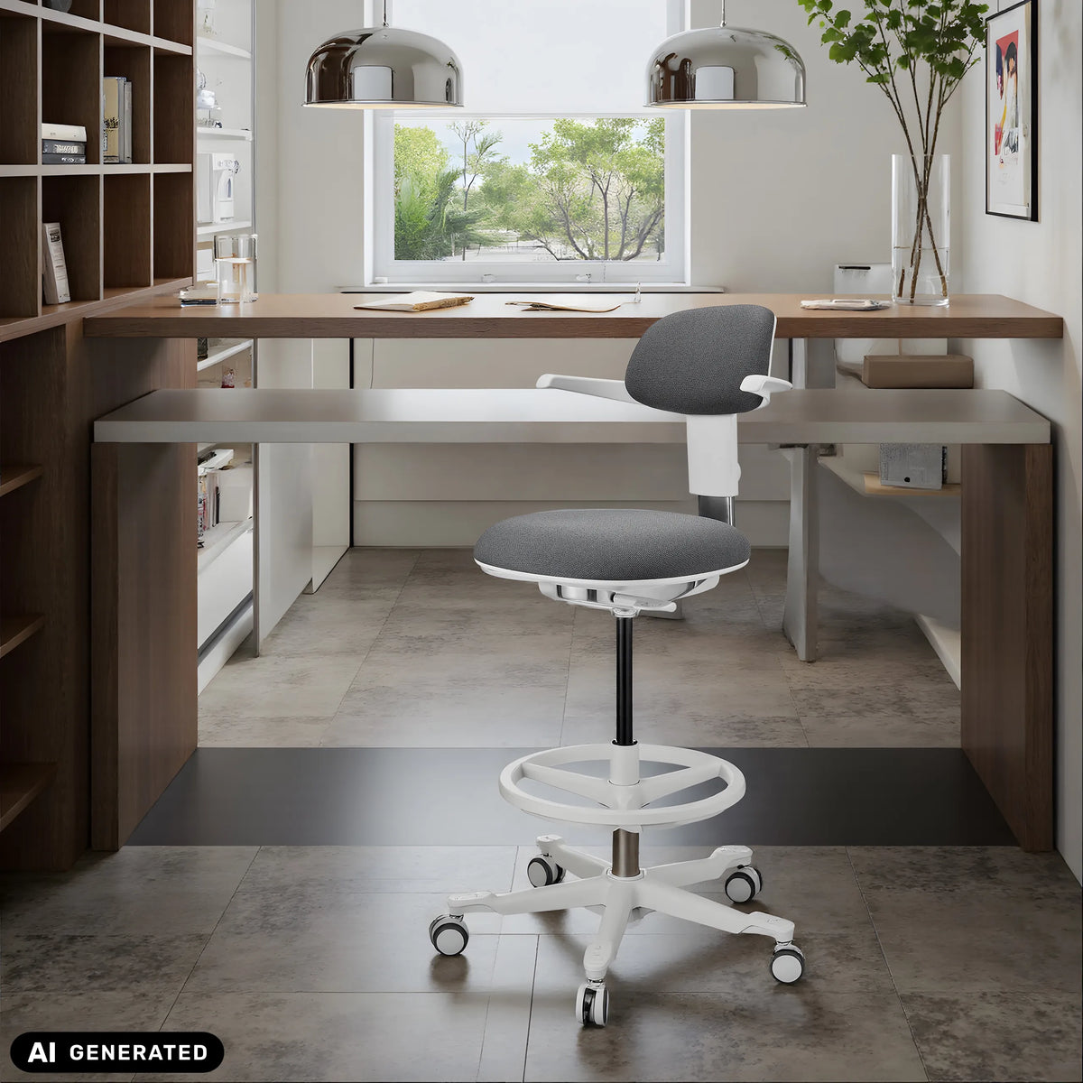 Work Chair TOP WORK 40 W in dark grey with white star base and foot ring by hjh OFFICE (AI-generated image)