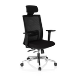 Black Professional Executive Chair CAPTIVA with mesh back, headrest and five-caster base by hjh OFFICE – 360-degree view (front three-quarter view 40°)