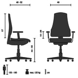 Technische Zeichnung des High-End-Bürostuhls FOUNTAINE mit einer maximalen Belastbarkeit von 120 kg von hjh OFFICE