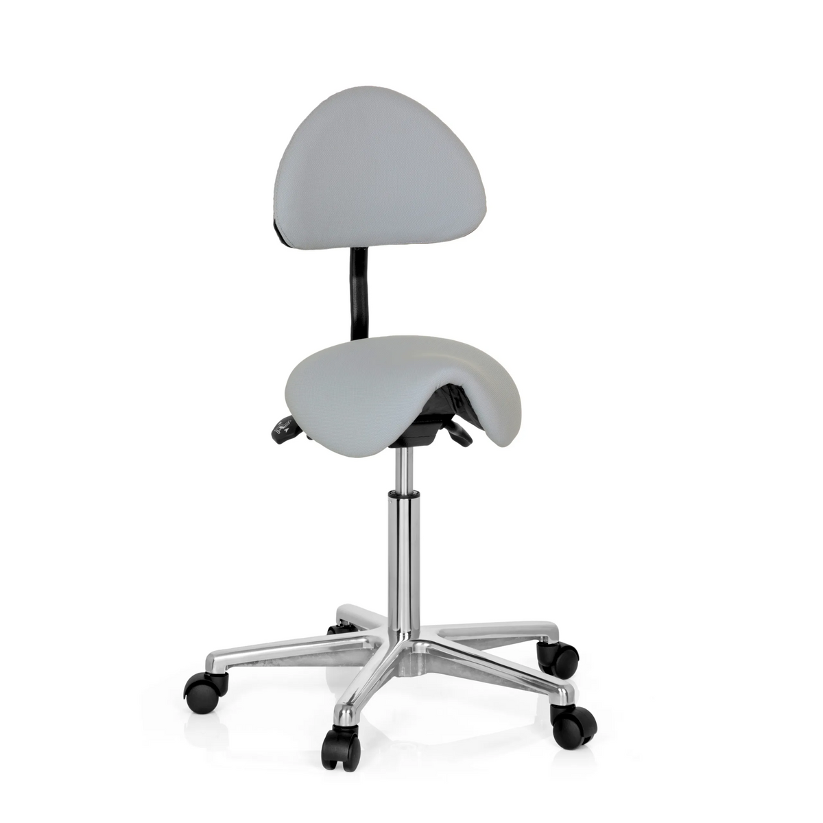 Grey Saddle stool TOP WORK 20 with backrest and five-caster base by hjh OFFICE – 360-degree view (front view 20°)