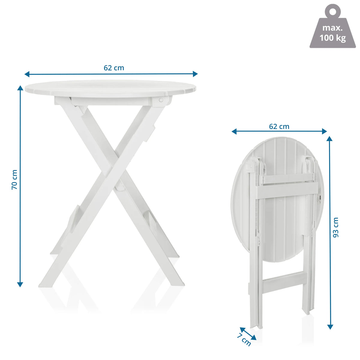 Dimensional drawing of the Folding table TRAVANO T with 62 × 62 cm and a height of 70 cm by hjh LIVING