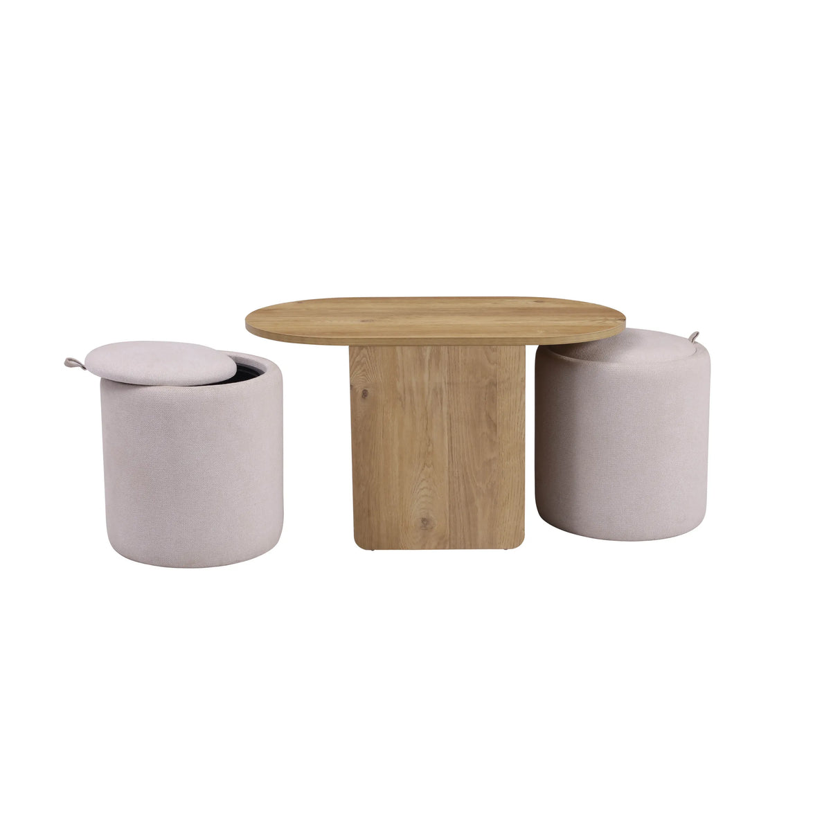 Nestup side tables with round wooden tops and two matching white upholstered stools by hjh LIVING