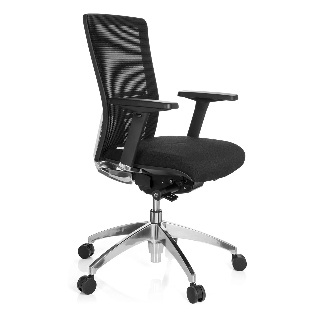 Black Professional Office Chair ASTRA BASE N with mesh back and glossy five-caster base by hjh OFFICE – 360-degree view (front three-quarter view 60°)