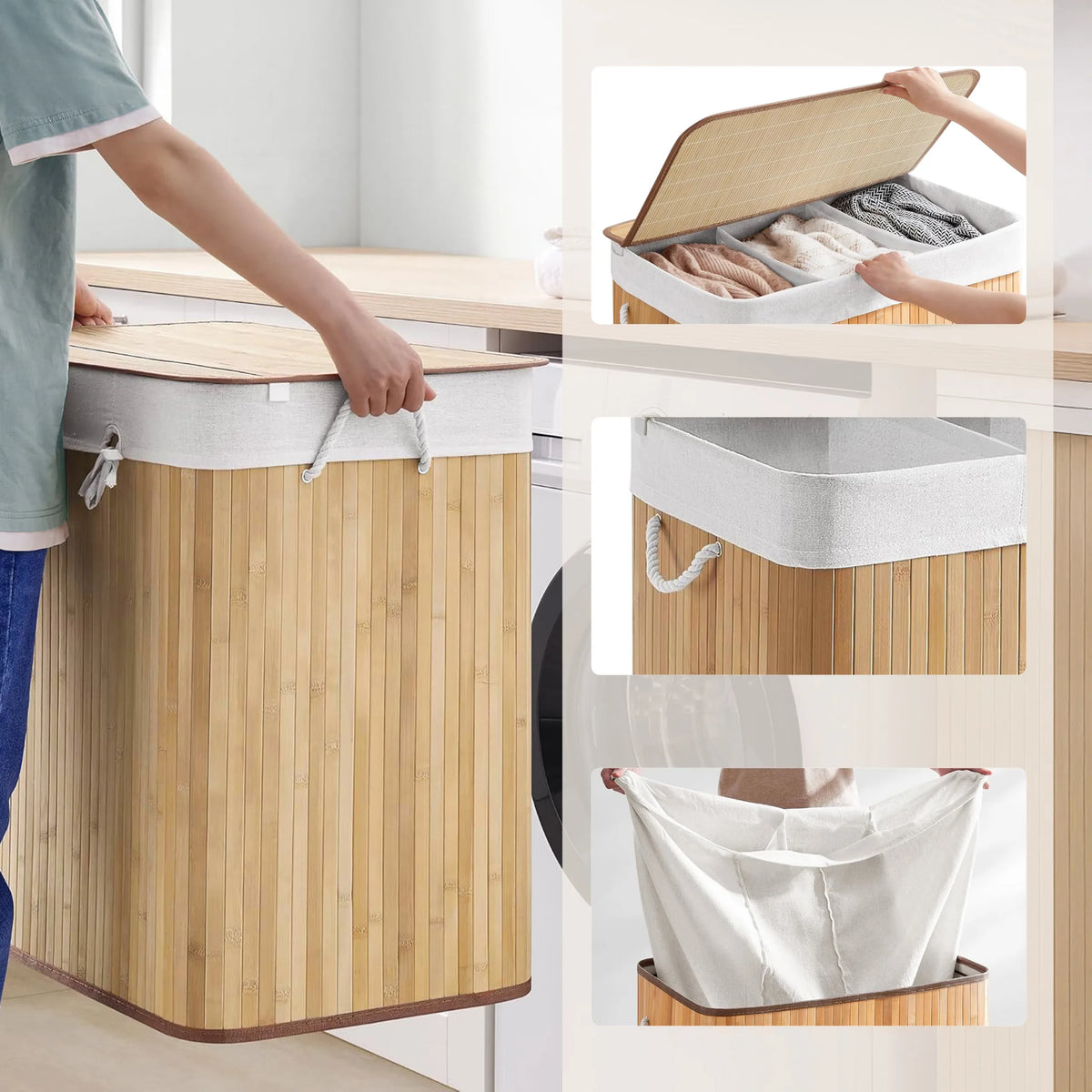 FALSTER XXL B laundry basket made of bamboo with white fabric bag, lid and integrated carrying handles by hjh LIVING