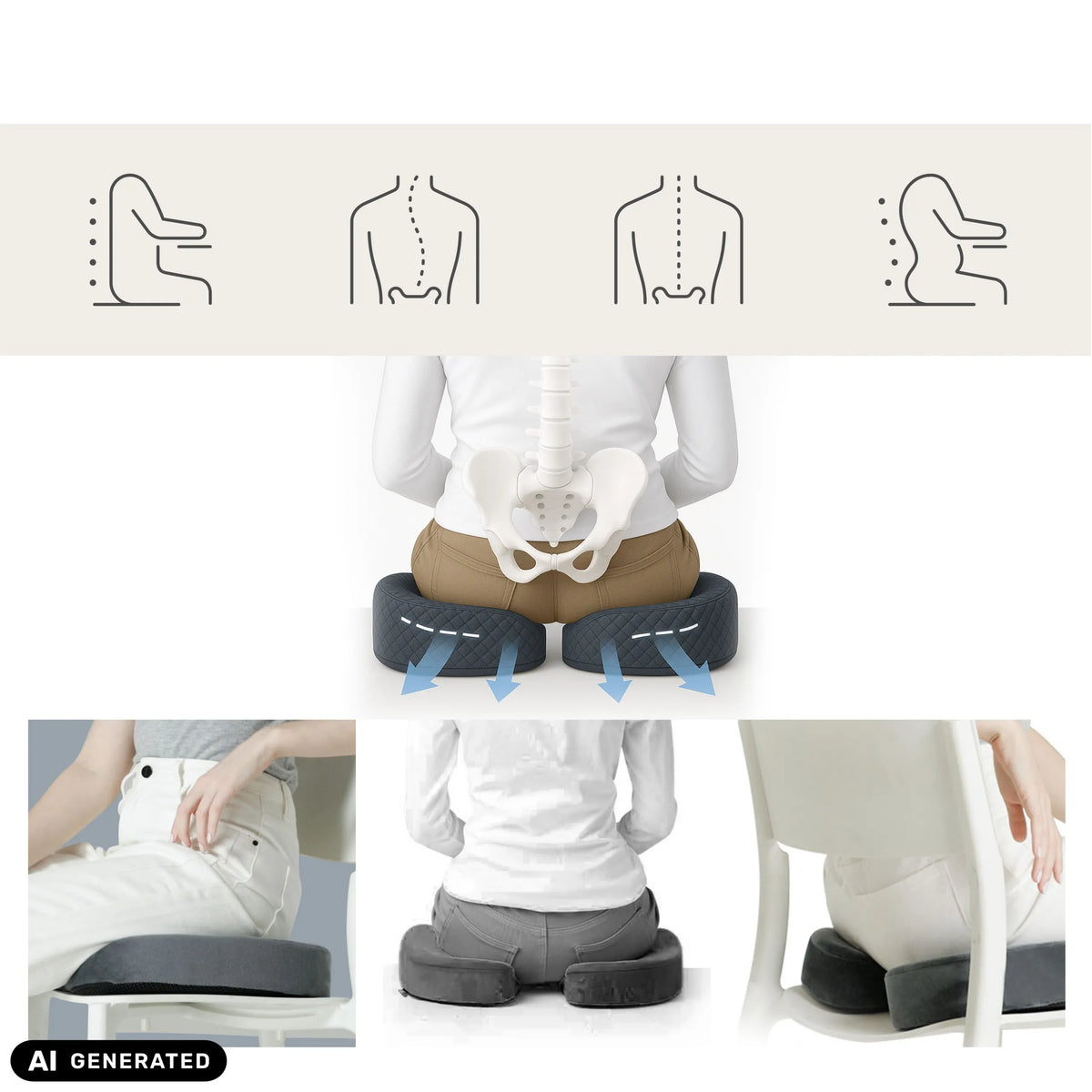 Grey MEDISIT VIII seat cushion in various views and application situations by hjh OFFICE (AI-generated image)
