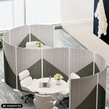 Grey Flexmiut Wave visual and acoustic partition walls with geometric pattern by hjh OFFICE (AI-generated image)