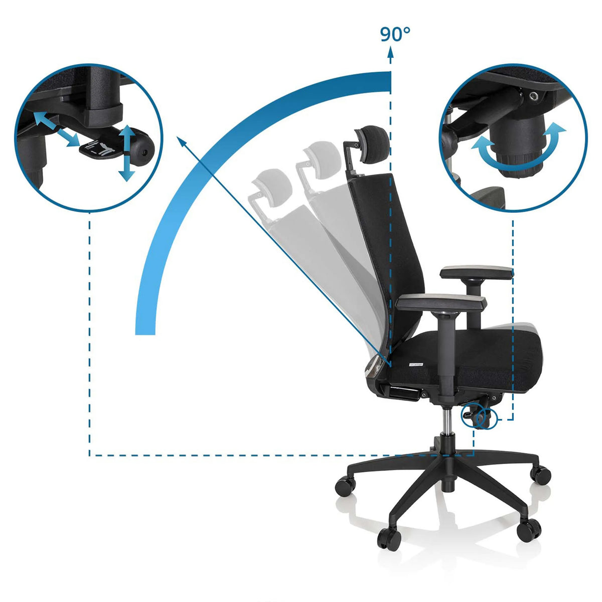 Adjustable backrest with 90 degree tilt of the Professional Office Chair PORTO MAX HIGH I by hjh OFFICE
