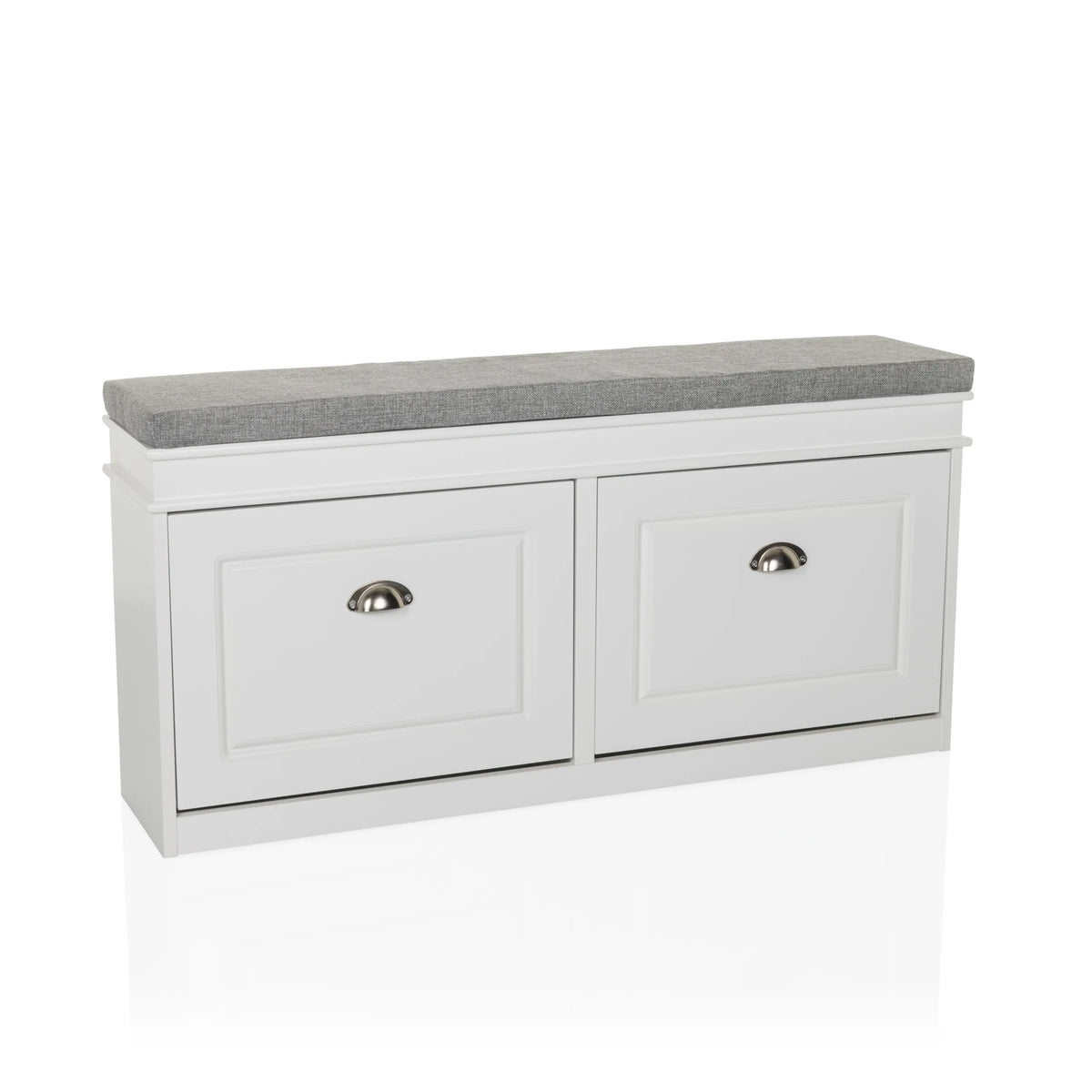 White Shoe Cabinet ESTHA I with grey seat and two drawers by hjh LIVING – 360-degree view (front view 15°)