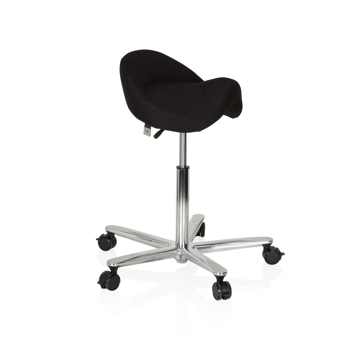 Black Saddle stool MOVE-TEC 3D PRO I with a five-caster star base by hjh OFFICE – 360-degree view (front three-quarter view 60°)