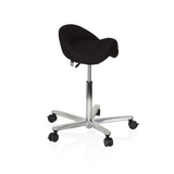 Black Saddle stool MOVE-TEC 3D PRO I with a five-caster star base by hjh OFFICE – 360-degree view (front three-quarter view 60°)