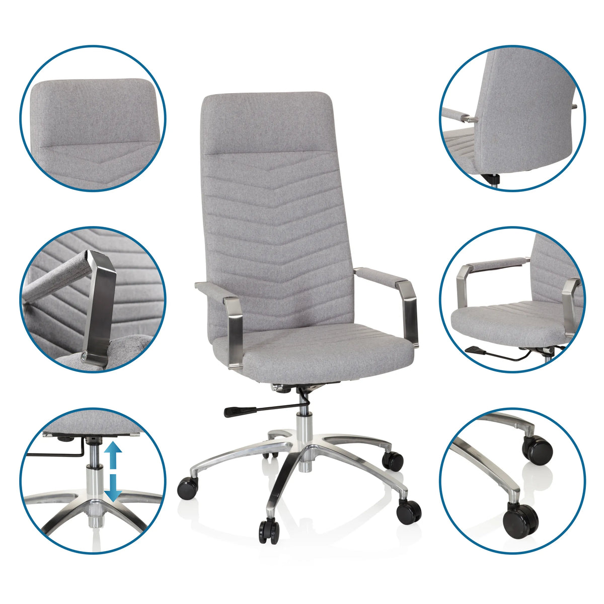 Light grey Home Office Chair SARANTO PLUS with detailed views of fabric, armrests, gas spring and castors by hjh OFFICE