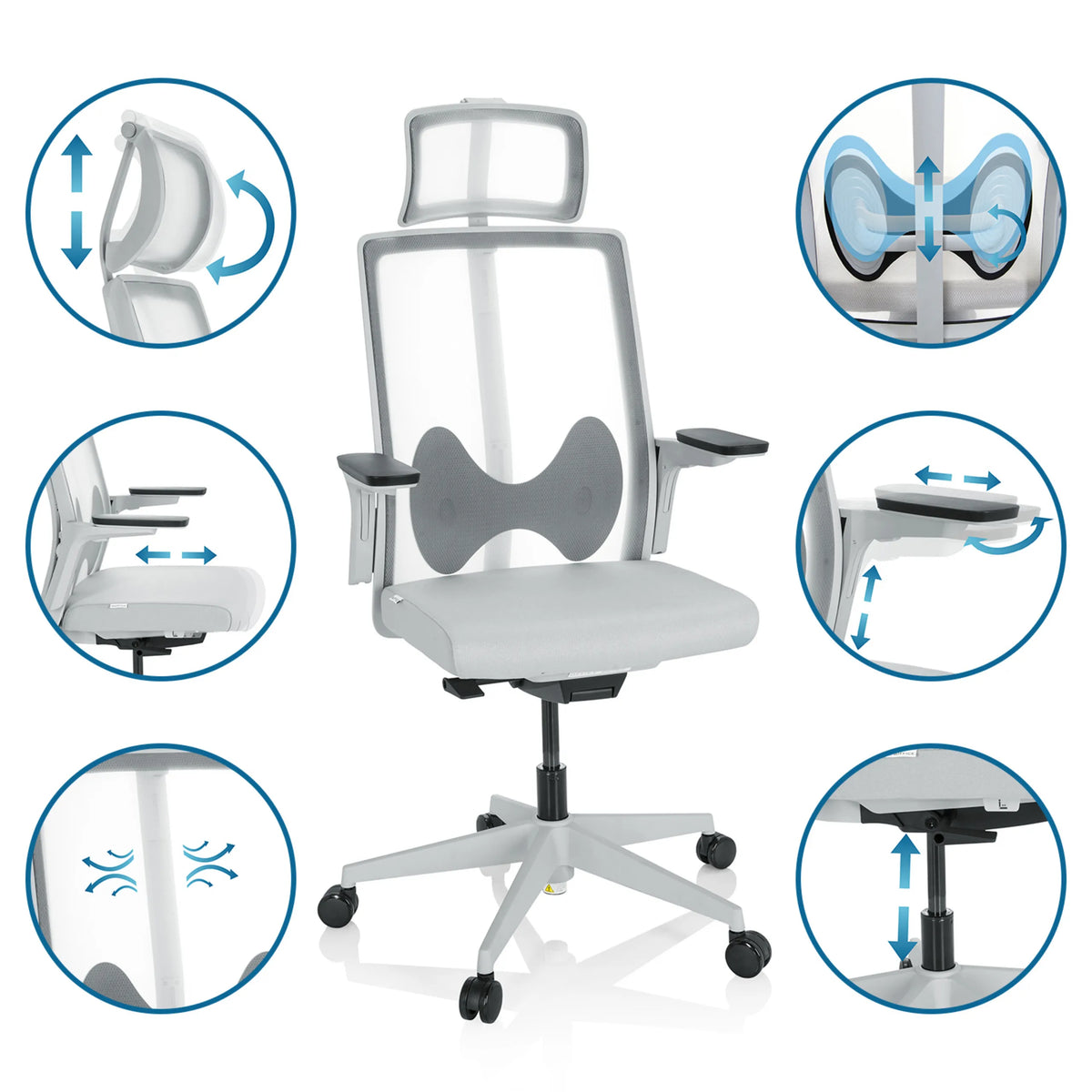 Various adjustment options of the Professional Office Chair ARCEO W in grey by hjh OFFICE