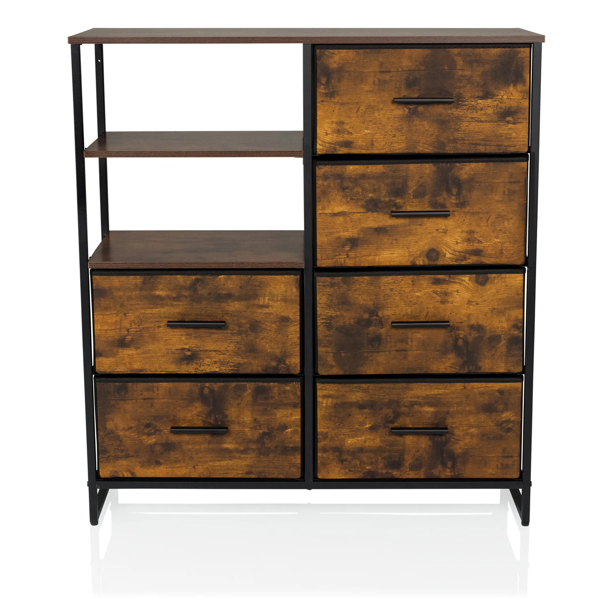 Chest of drawers RAGALA in smoked oak with black metal accents, two shelves and six drawers by hjh LIVING – 360-degree view (front view 0°)