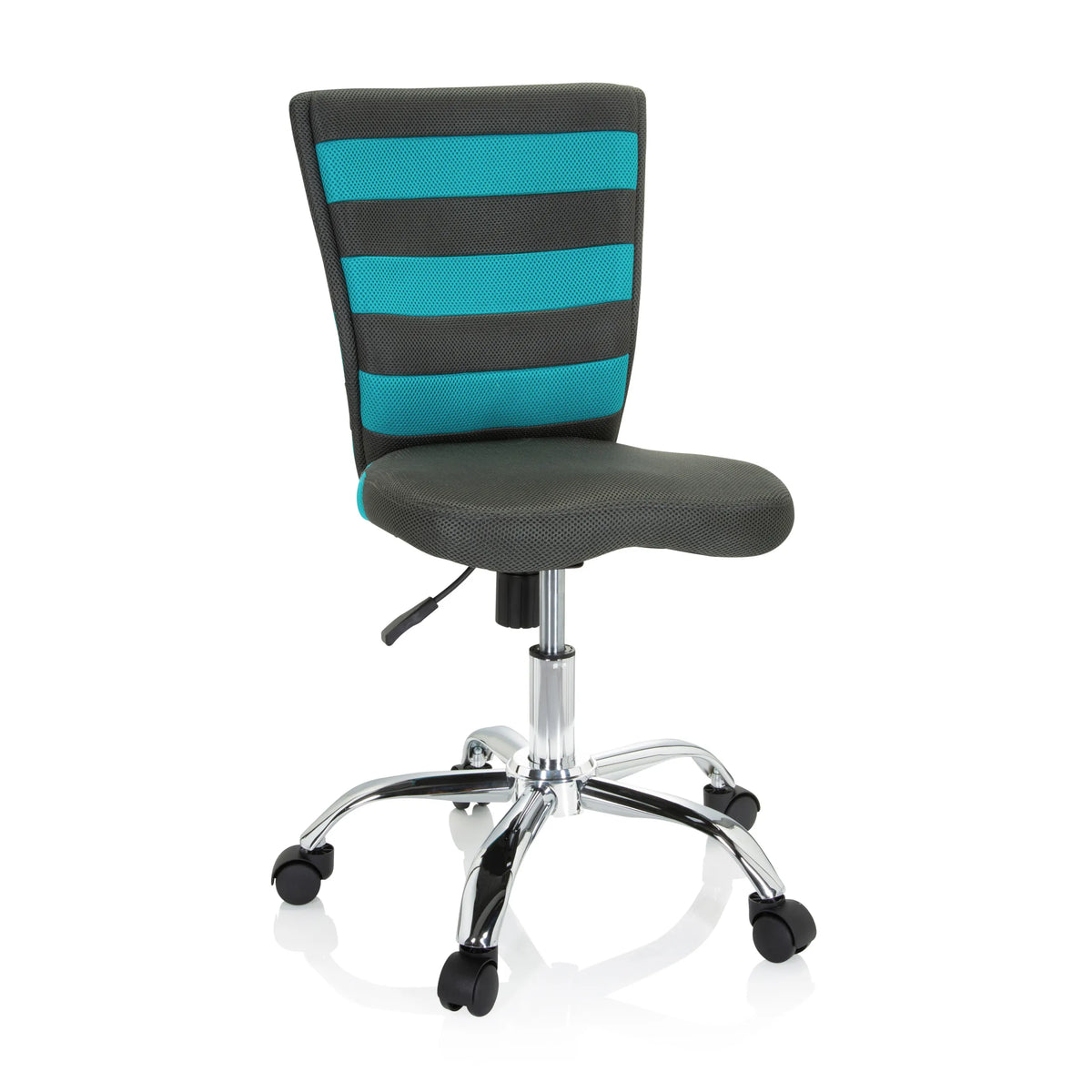 Grey KIDDY COMFORT I swivel chair for children with turquoise stripes in the mesh back and a five-caster base by hjh OFFICE – 360-degree view (front view 20°)
