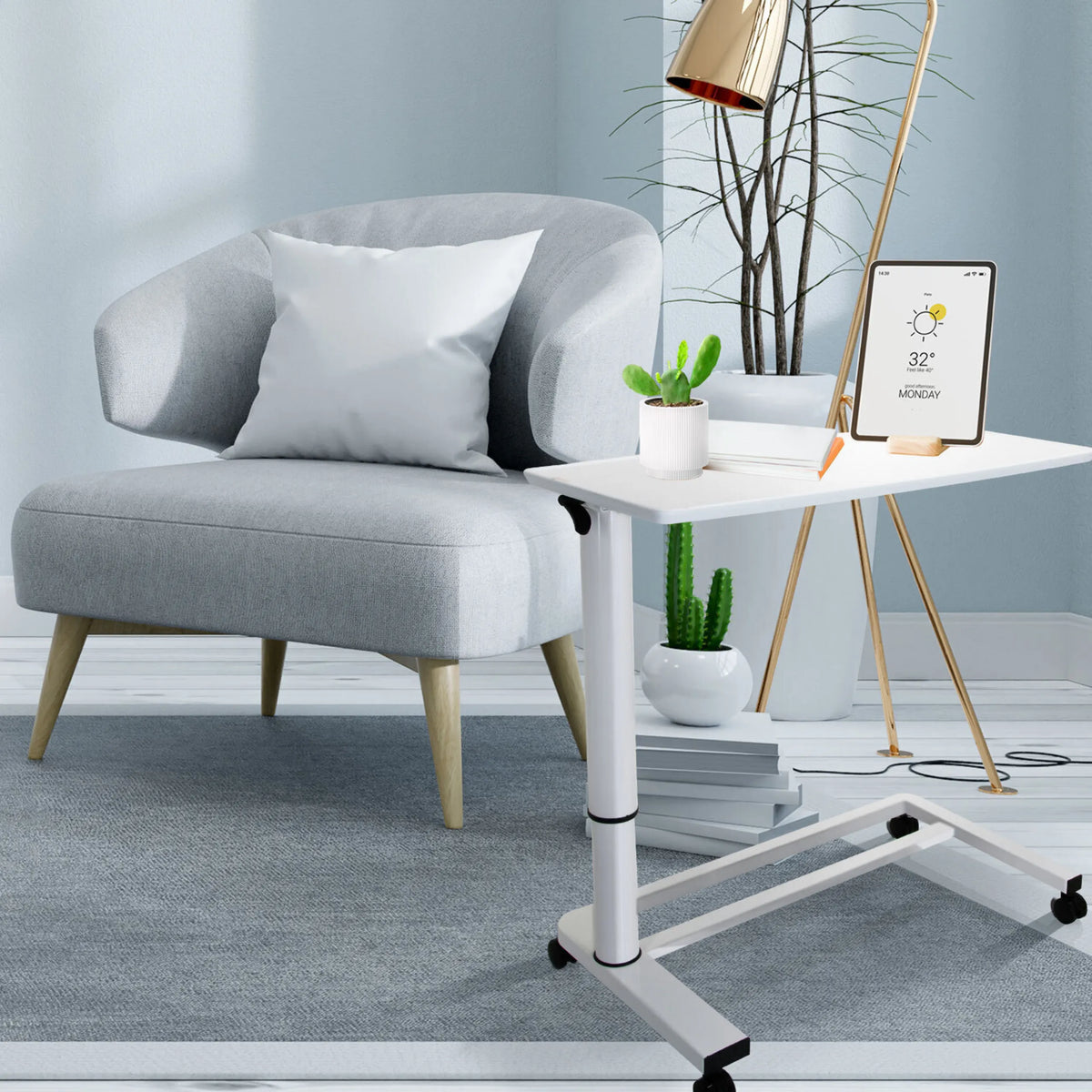 White Standing desk STAND II on castors next to a grey armchair by hjh OFFICE