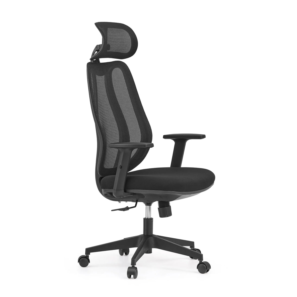 Black Professional Office Chair Filaro with mesh back, headrest and a five-caster base by hjh OFFICE – 360-degree view (front three-quarter view 60°)